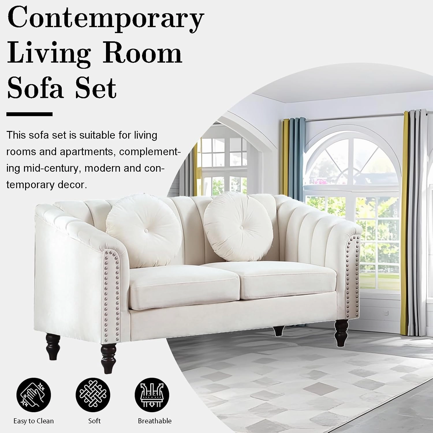 White Chesterfield Velvet Sofa Couch Set (Chair/Loveseat/Sofa) - for Living Room Furniture Sets、Offices、Apartments