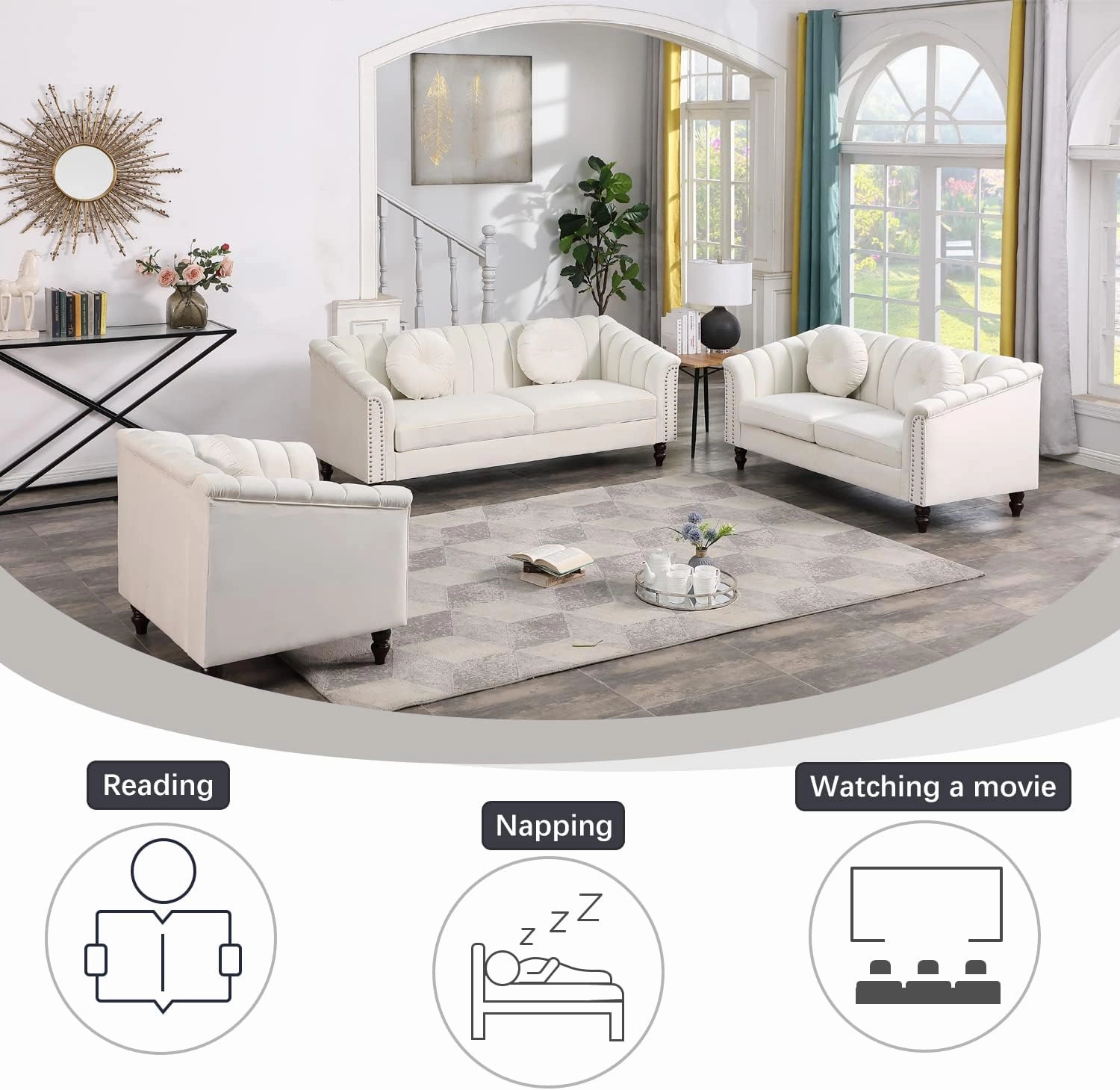 White Chesterfield Velvet Sofa Couch Set (Chair/Loveseat/Sofa) - for Living Room Furniture Sets、Offices、Apartments