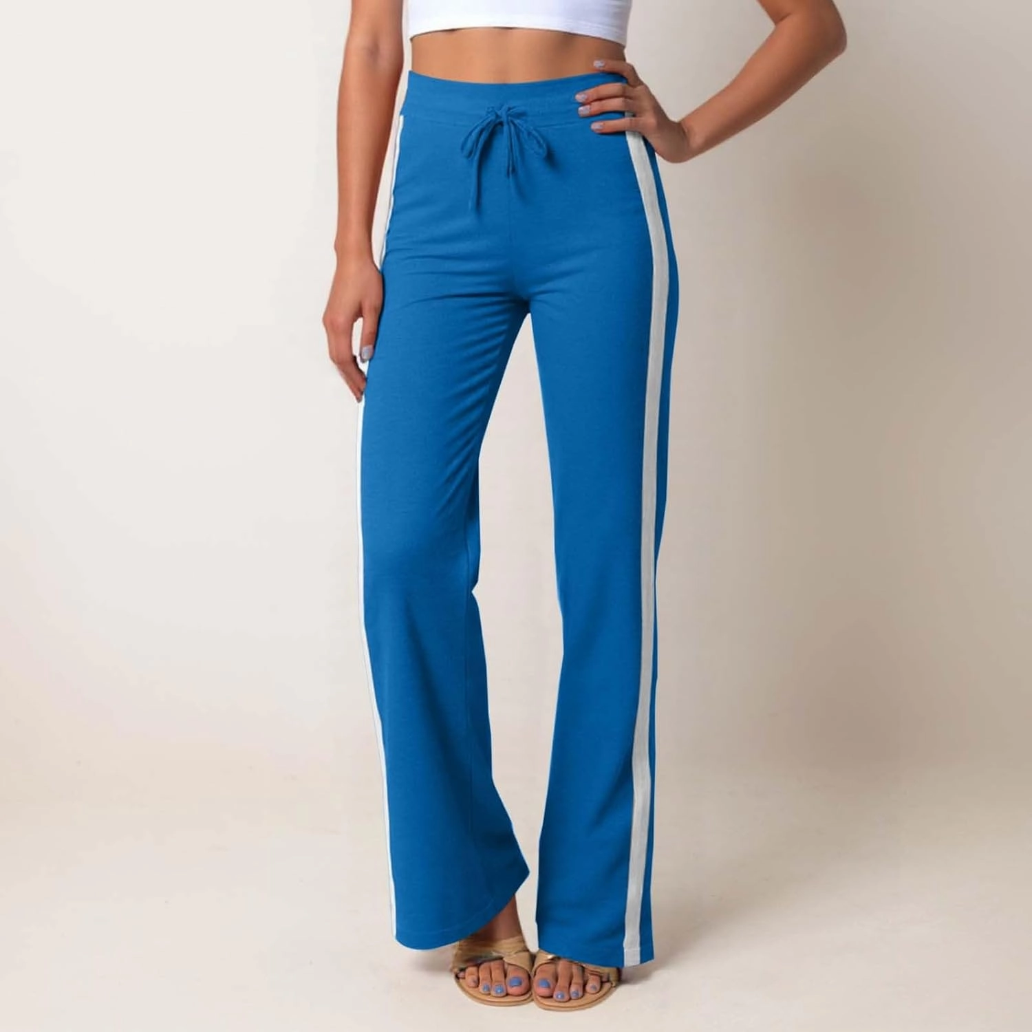 Wide Leg Yoga Pants for Women Striped Elastic High Waisted Casual Trousers Plus Size Pull On Athletic Workout Sweatpants