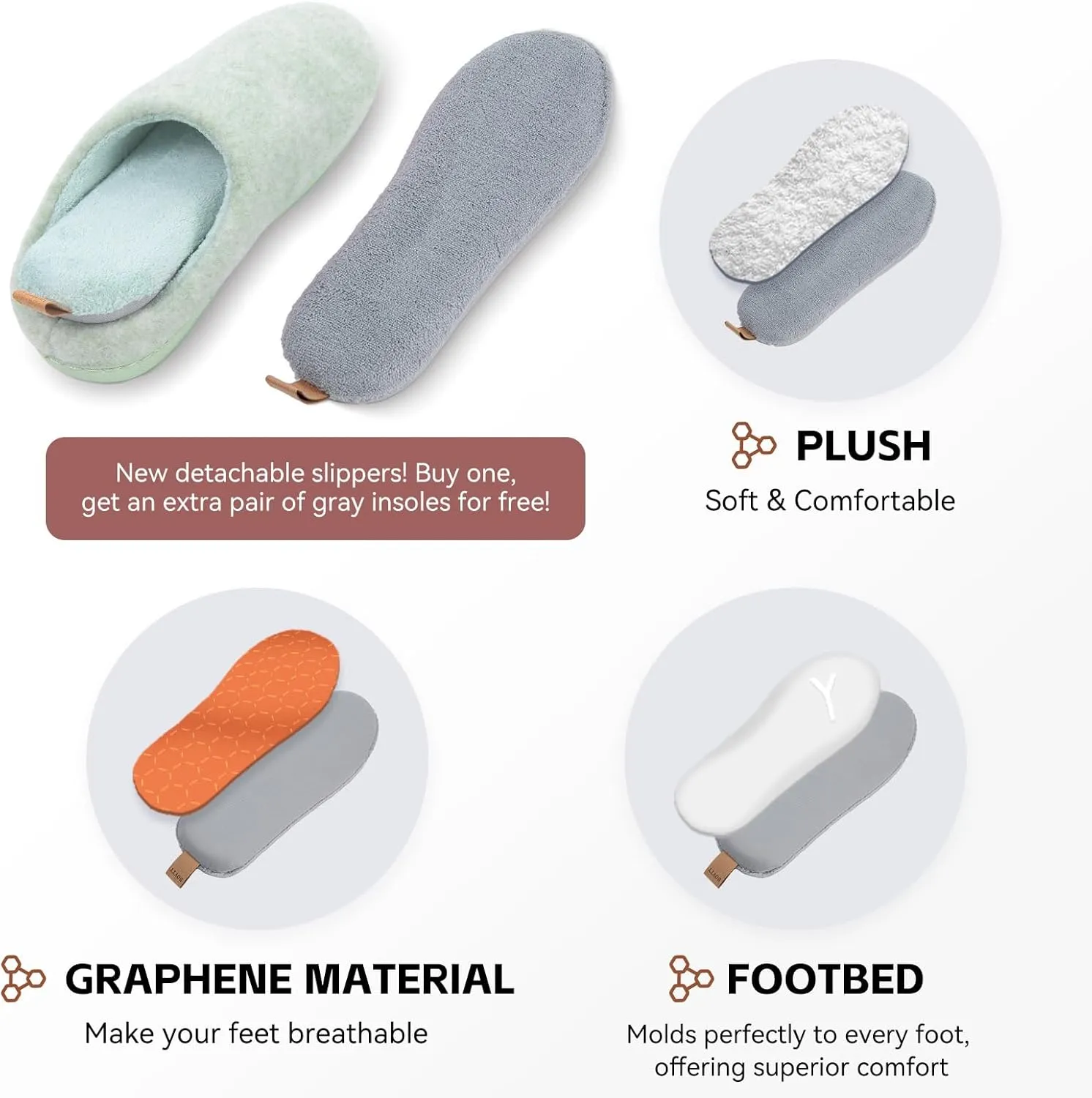 Women & Men's Hige Resilience Foam Slippers - Indoor Cozy House Slip-on with Two Pairs of Replaceable Insoles Shoes