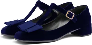Women Chunky Low Heel Mary Jane Shoes Ankle T-Strap Bow Dress Shoes Velvet Comfy 1 inch Flat Heel Mary Janes Round Toe Buckle Suede Mary Jane Pumps Casual Office Wedding 4-11 M US
