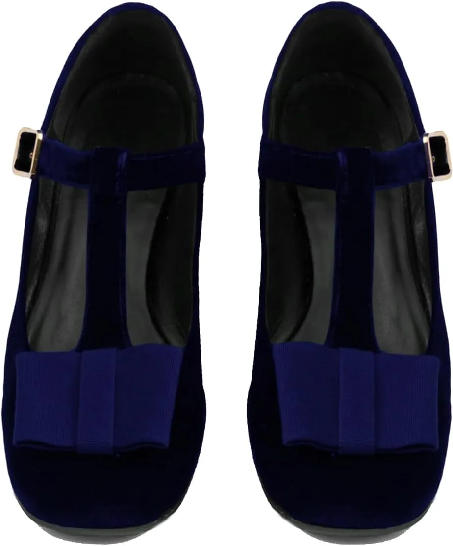 Women Chunky Low Heel Mary Jane Shoes Ankle T-Strap Bow Dress Shoes Velvet Comfy 1 inch Flat Heel Mary Janes Round Toe Buckle Suede Mary Jane Pumps Casual Office Wedding 4-11 M US