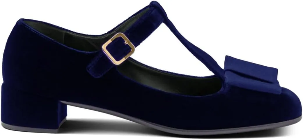 Women Chunky Low Heel Mary Jane Shoes Ankle T-Strap Bow Dress Shoes Velvet Comfy 1 inch Flat Heel Mary Janes Round Toe Buckle Suede Mary Jane Pumps Casual Office Wedding 4-11 M US