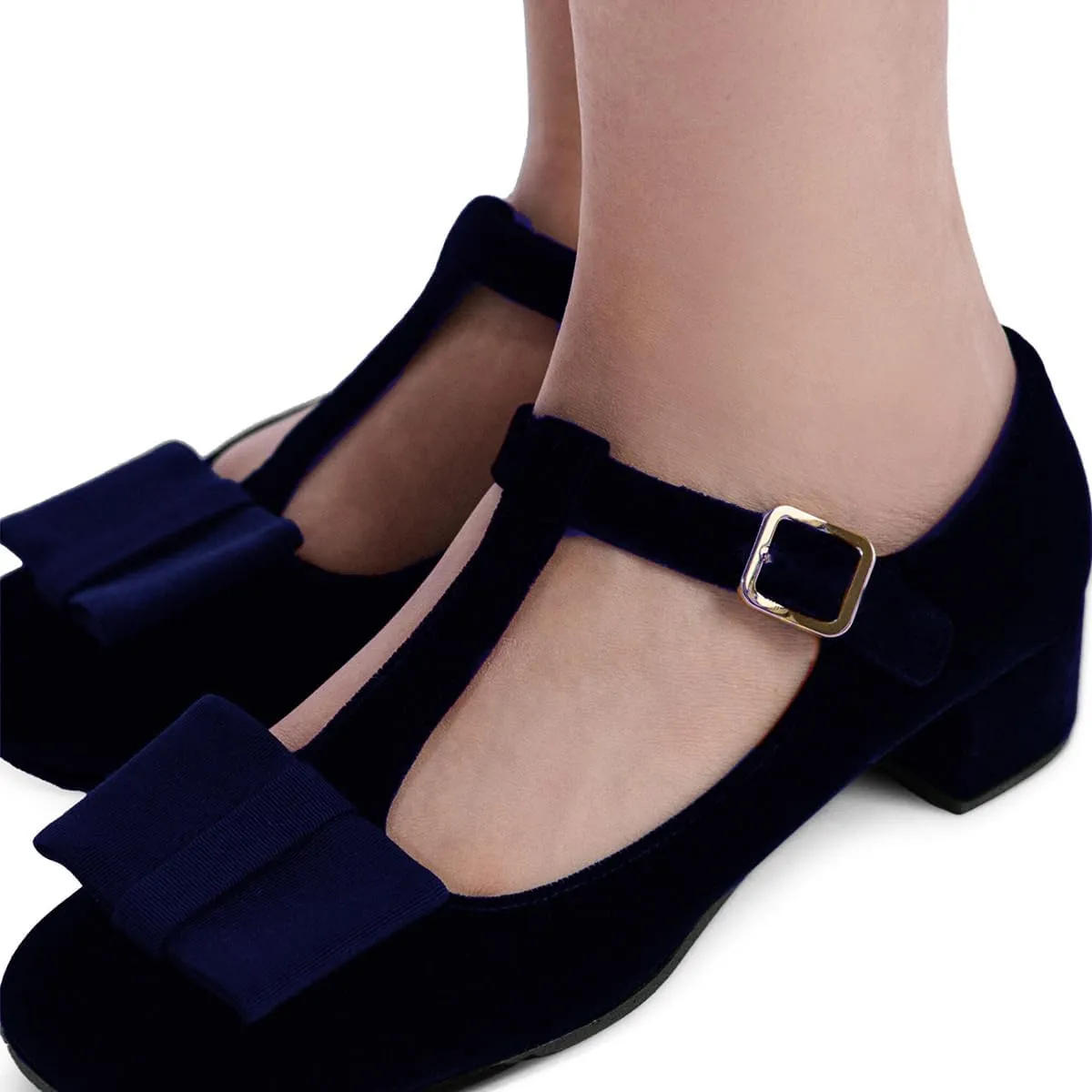 Women Chunky Low Heel Mary Jane Shoes Ankle T-Strap Bow Dress Shoes Velvet Comfy 1 inch Flat Heel Mary Janes Round Toe Buckle Suede Mary Jane Pumps Casual Office Wedding 4-11 M US