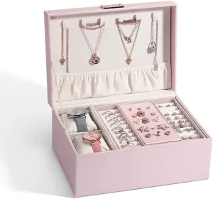 Women Display Storage Organizer Jewelry Case Holder Box for Ring Bracelet Watch Necklace Earrings (Color : White) (Pink)