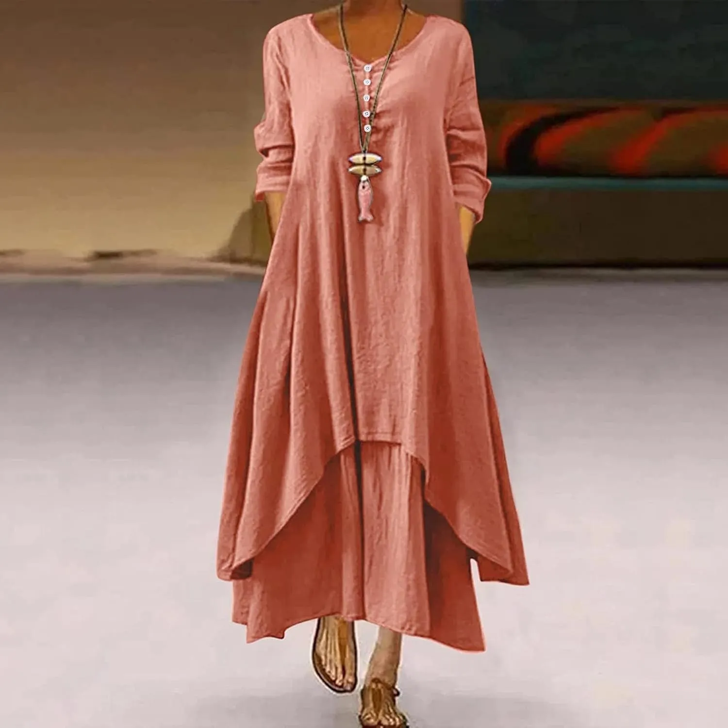 Women Linen Half Sleeve Long Dress Casual A Line Swing Maxi Dress Fashion Vintage Boho Button V Neck Tiered Dress