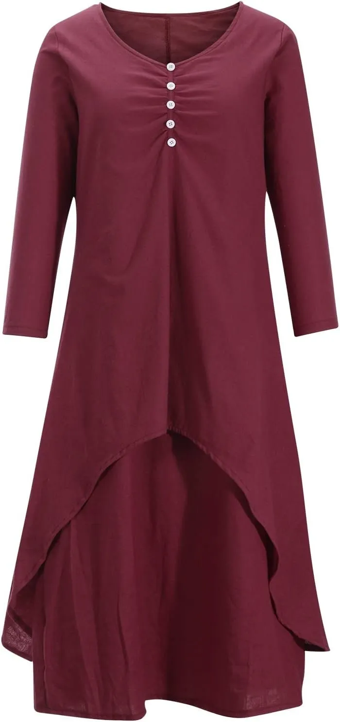 Women Linen Half Sleeve Long Dress Casual A Line Swing Maxi Dress Fashion Vintage Boho Button V Neck Tiered Dress