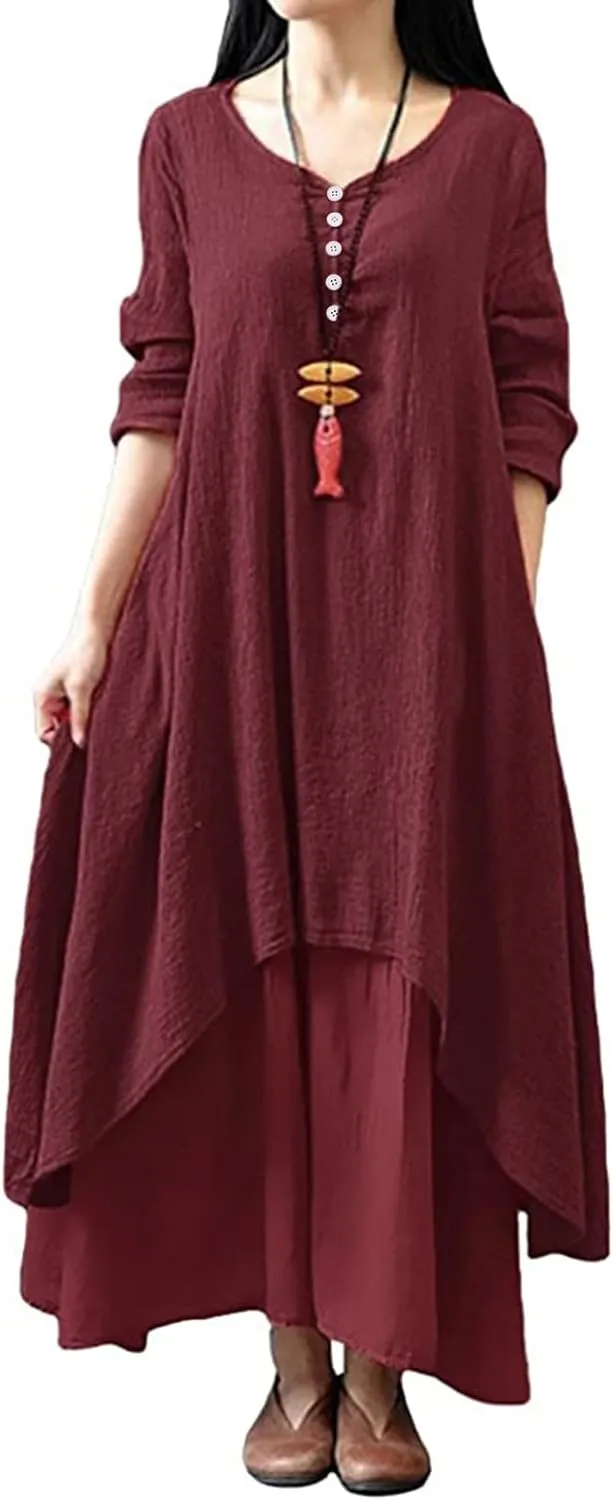 Women Linen Half Sleeve Long Dress Casual A Line Swing Maxi Dress Fashion Vintage Boho Button V Neck Tiered Dress