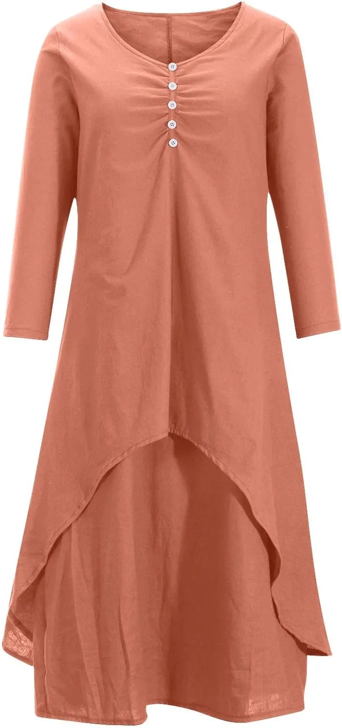 Women Linen Half Sleeve Long Dress Casual A Line Swing Maxi Dress Fashion Vintage Boho Button V Neck Tiered Dress