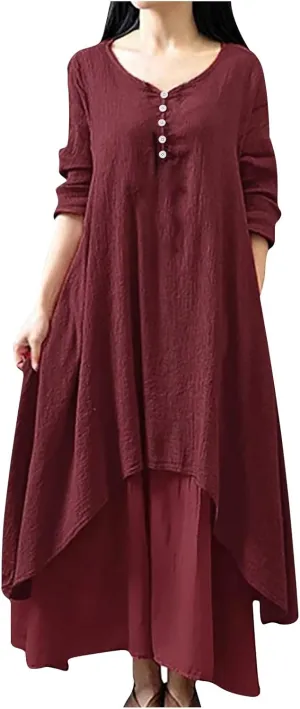 Women Linen Half Sleeve Long Dress Casual A Line Swing Maxi Dress Fashion Vintage Boho Button V Neck Tiered Dress
