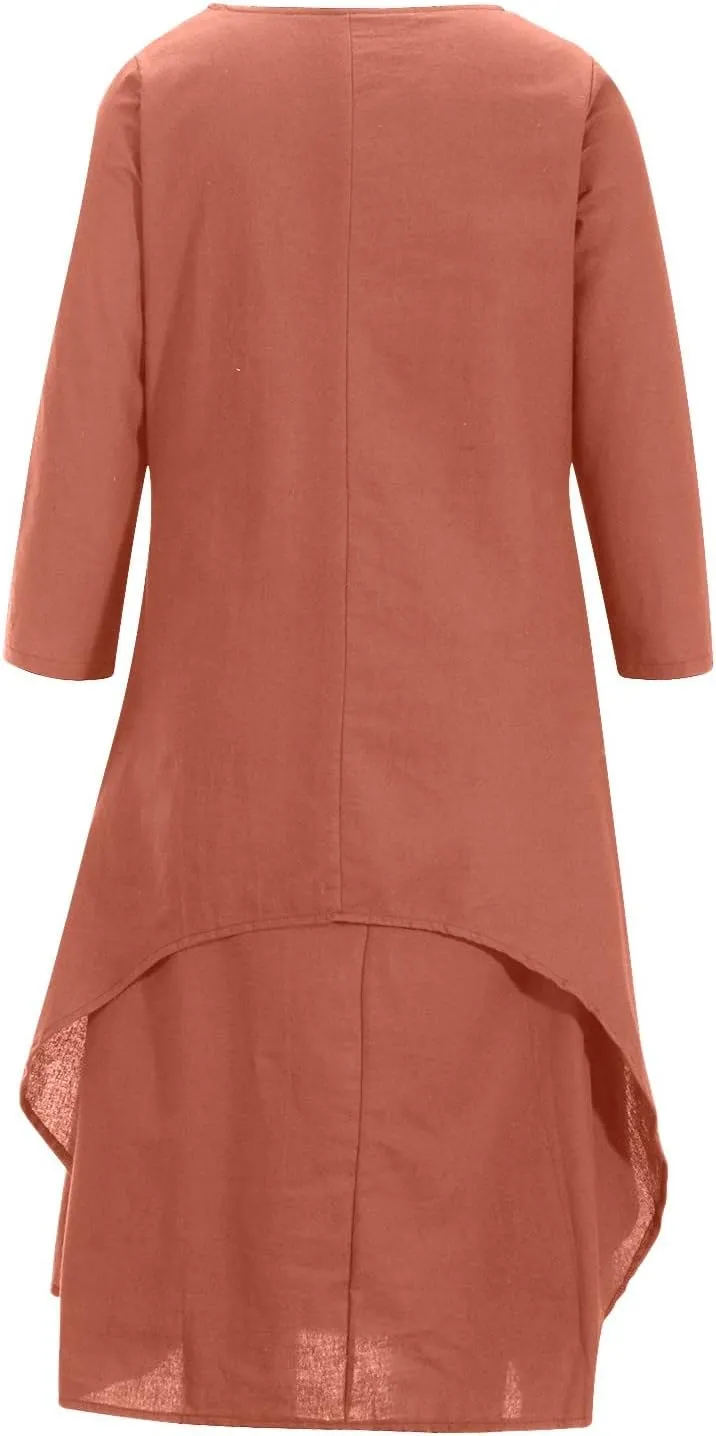 Women Linen Half Sleeve Long Dress Casual A Line Swing Maxi Dress Fashion Vintage Boho Button V Neck Tiered Dress