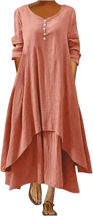 Women Linen Half Sleeve Long Dress Casual A Line Swing Maxi Dress Fashion Vintage Boho Button V Neck Tiered Dress