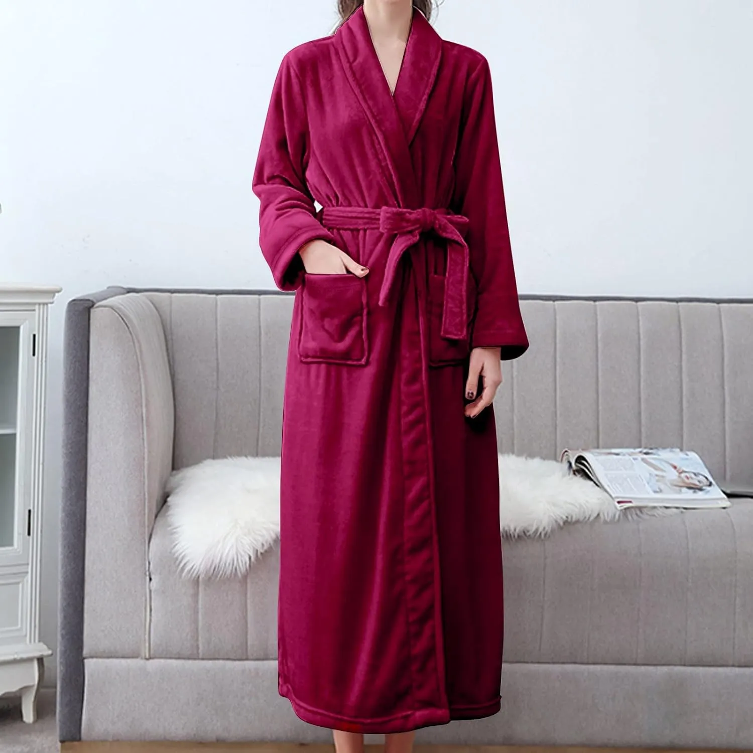 Women Robe Double Pocket Ear Hooded Flannel Bathrobes Soft And Warm Double-Faced Velvet Pajamas Robe Bathrobes For