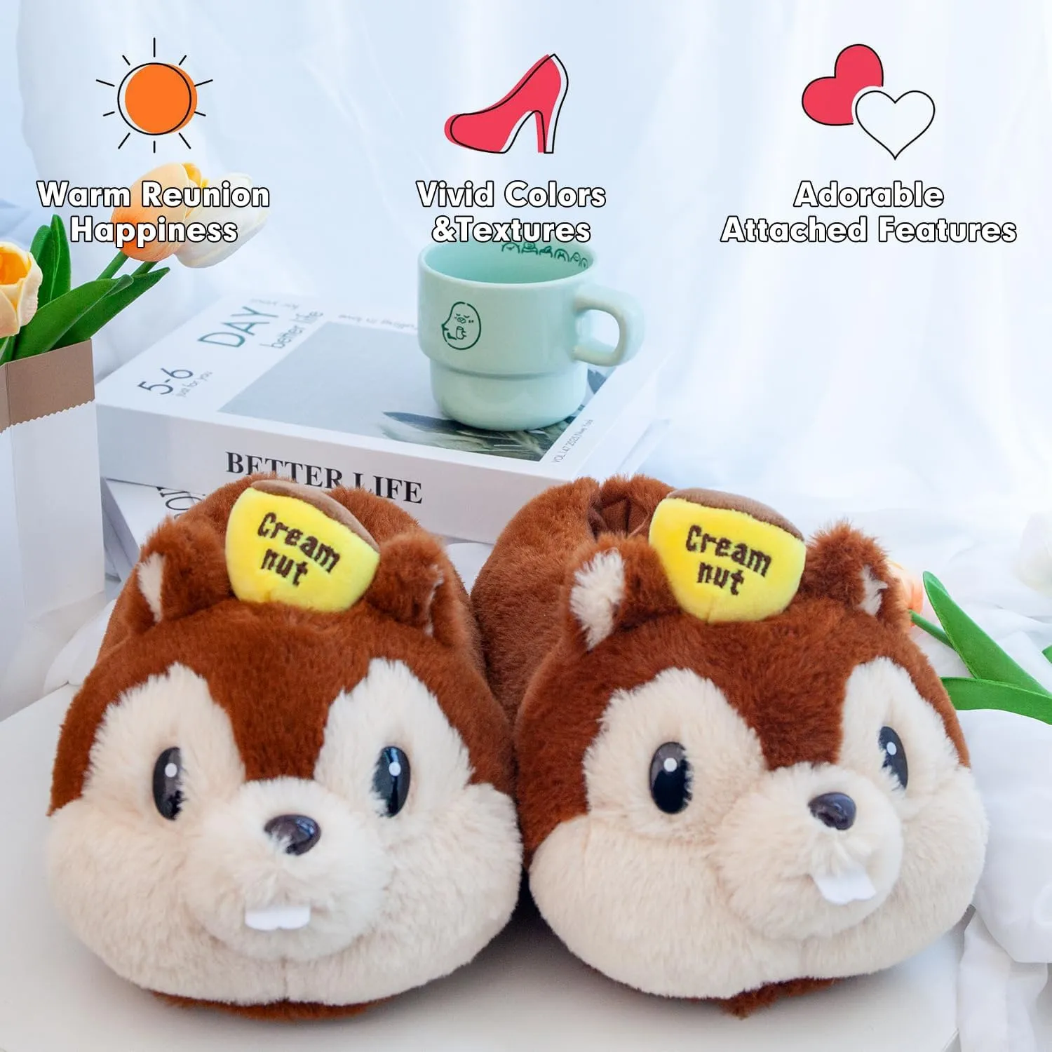 Women Slippers Cute Animal Funny Slippers Novelty Squirrel Cozy Fuzzy Soft Winter Warm House Shoes