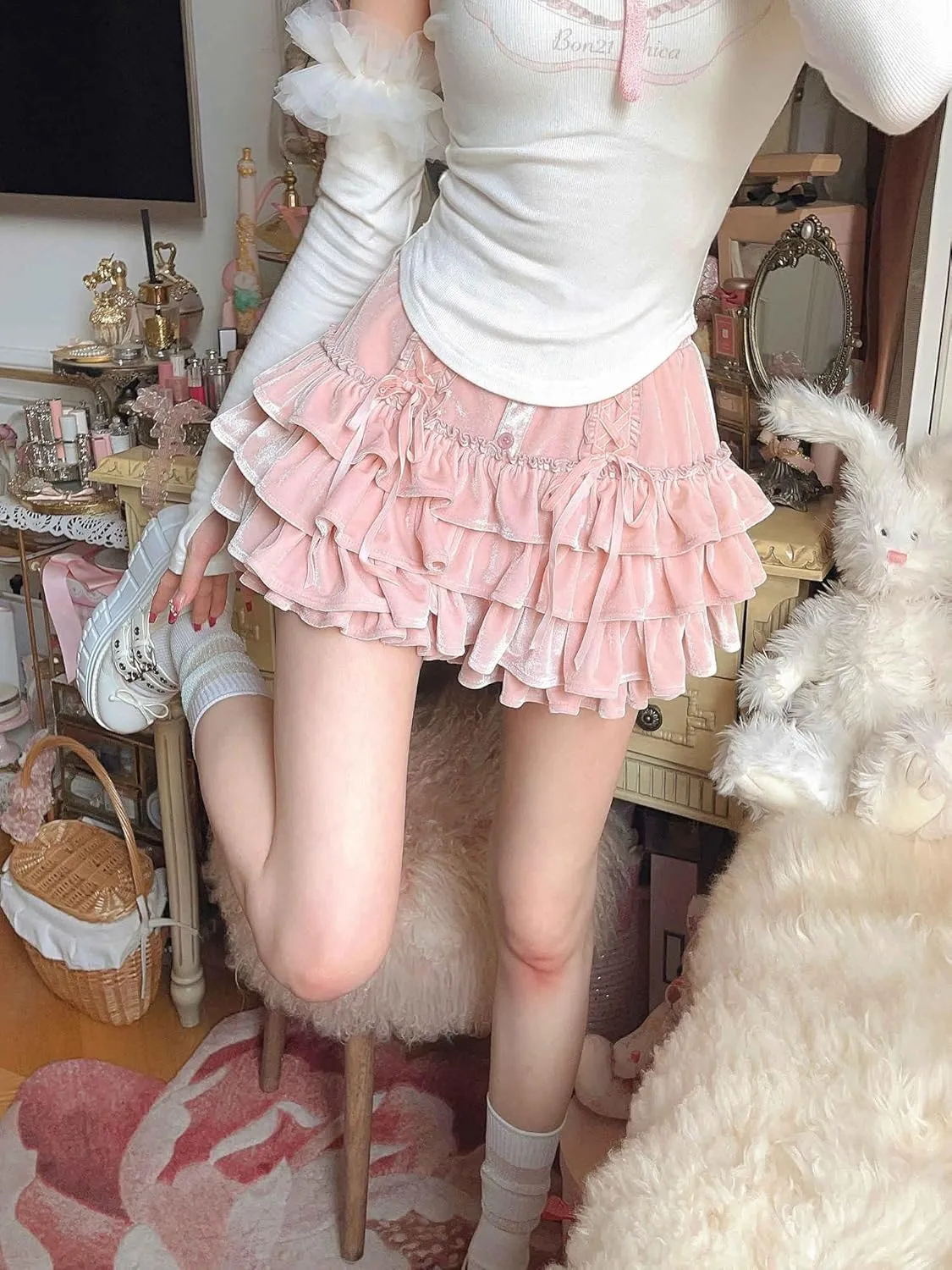 Women Tiered Ruffle Mini Skirt Teens Skater Lolita Frilly High Waisted Tennis Skort A Line Velvet Cute Skirts