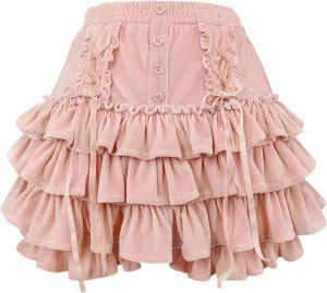 Women Tiered Ruffle Mini Skirt Teens Skater Lolita Frilly High Waisted Tennis Skort A Line Velvet Cute Skirts
