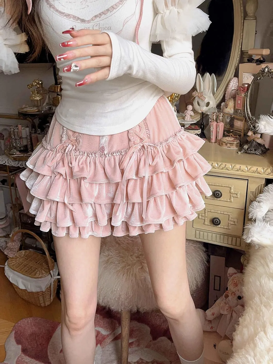 Women Tiered Ruffle Mini Skirt Teens Skater Lolita Frilly High Waisted Tennis Skort A Line Velvet Cute Skirts