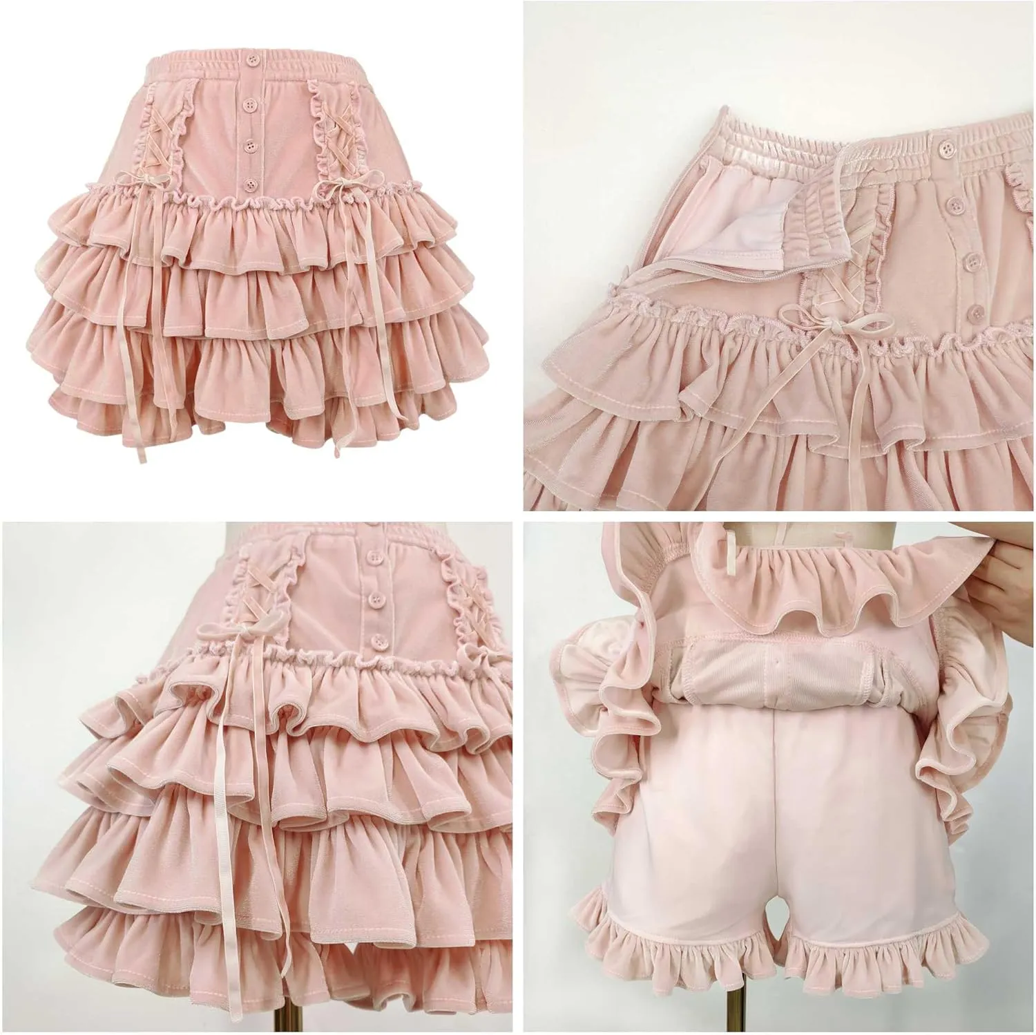 Women Tiered Ruffle Mini Skirt Teens Skater Lolita Frilly High Waisted Tennis Skort A Line Velvet Cute Skirts
