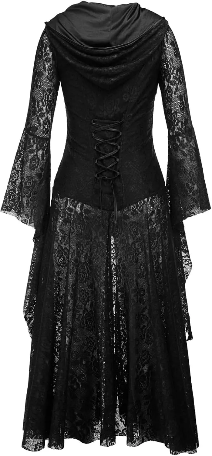 Women Vintage Court Dress Gothic Patchwork Lace Dresses Solid Hoodie Dress Victorian Cocktail Skirt Medieval Costume