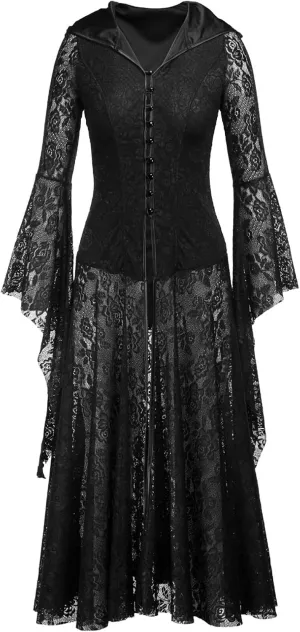 Women Vintage Court Dress Gothic Patchwork Lace Dresses Solid Hoodie Dress Victorian Cocktail Skirt Medieval Costume