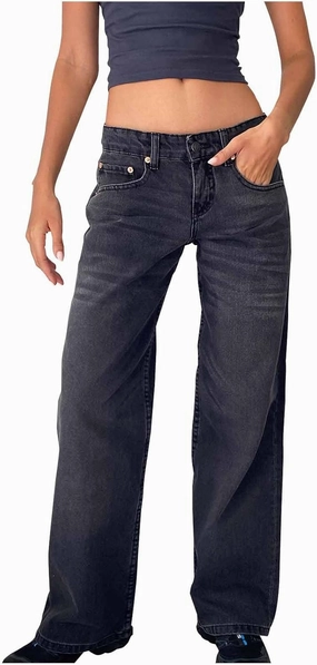 Women Classic Contrast Wash Bootcut Denim Pants, Low Rise Baggy Wide Leg Casual Jeans Fashion Comfy Denim Trousers
