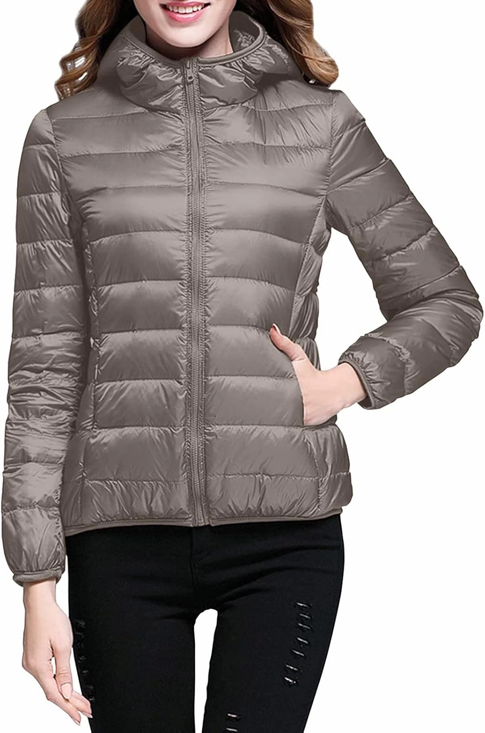 Women Packable Lightweight Full-Zip Puffer Jacket with Hood Quilted Winter Down Coat Ski Jacket Coat Puffer Jacket Womens