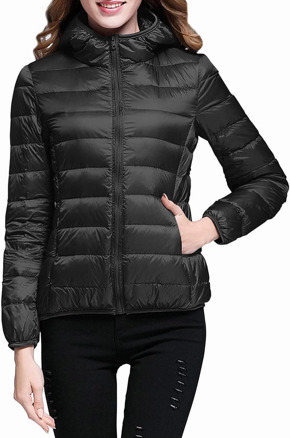 Women Packable Lightweight Full-Zip Puffer Jacket with Hood Quilted Winter Down Coat Ski Jacket Coat Puffer Jacket Womens
