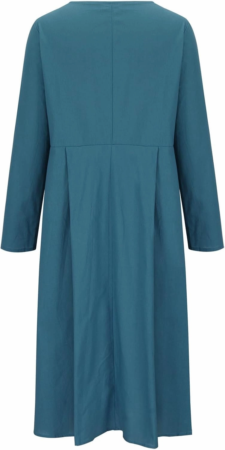 Women's Cotton Linen Dress Fall Button Down V-Neck Elegant Dress with Pocket Long Sleeve Outdoor Cardigan Maxi Dress