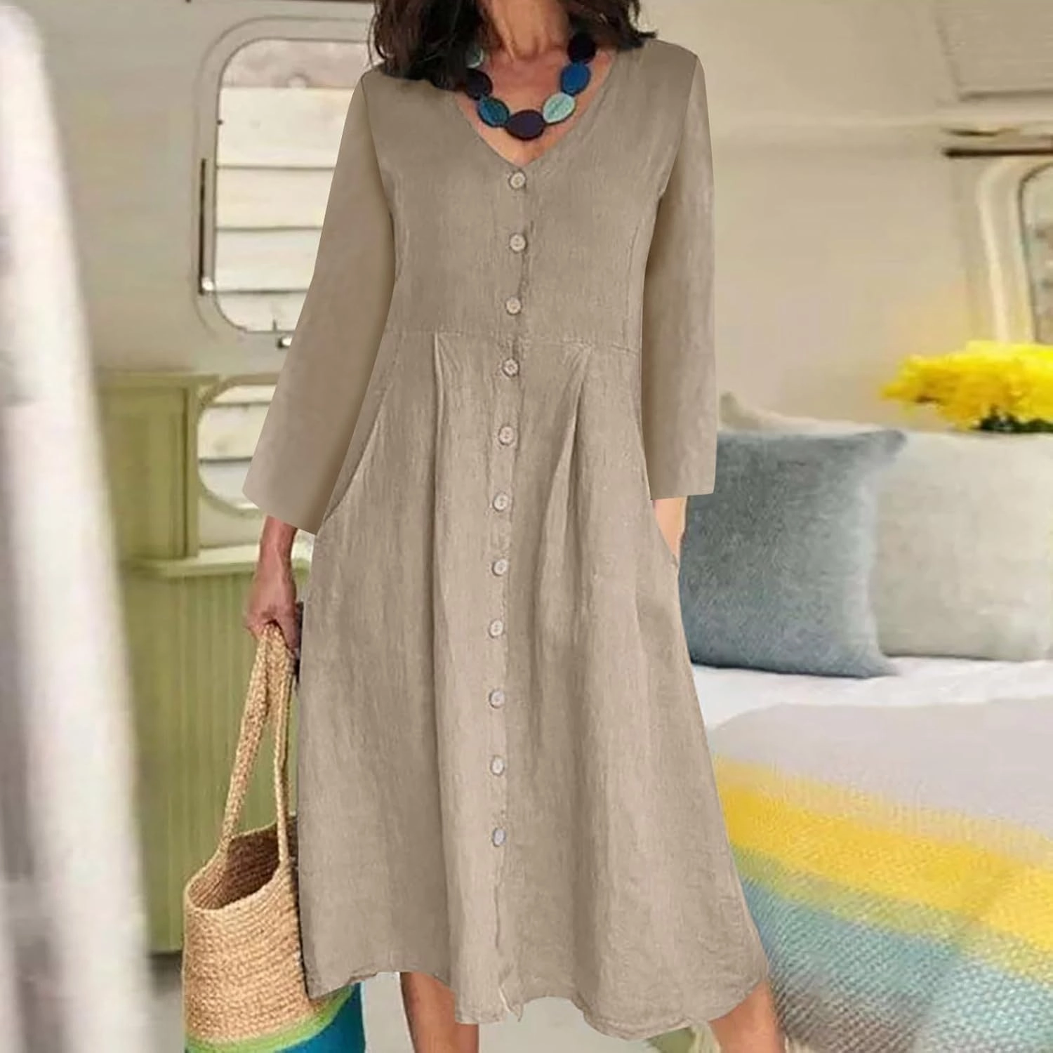 Women's Cotton Linen Dress Fall Button Down V-Neck Elegant Dress with Pocket Long Sleeve Outdoor Cardigan Maxi Dress