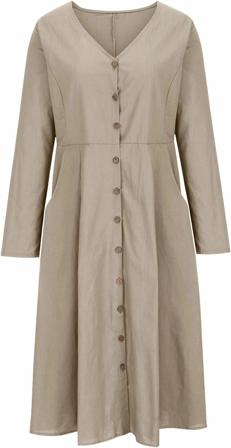 Women's Cotton Linen Dress Fall Button Down V-Neck Elegant Dress with Pocket Long Sleeve Outdoor Cardigan Maxi Dress