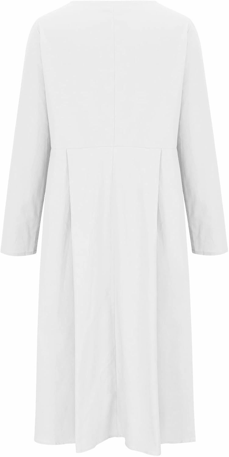 Women's Cotton Linen Dress Fall Button Down V-Neck Elegant Dress with Pocket Long Sleeve Outdoor Cardigan Maxi Dress