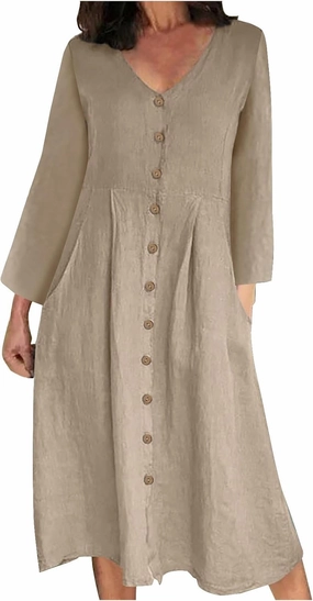 Women's Cotton Linen Dress Fall Button Down V-Neck Elegant Dress with Pocket Long Sleeve Outdoor Cardigan Maxi Dress