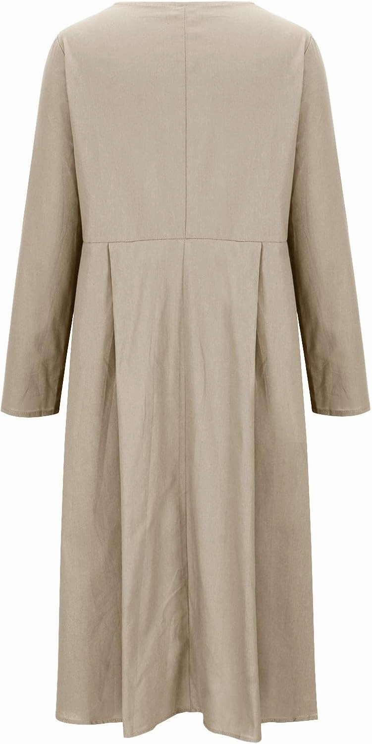 Women's Cotton Linen Dress Fall Button Down V-Neck Elegant Dress with Pocket Long Sleeve Outdoor Cardigan Maxi Dress