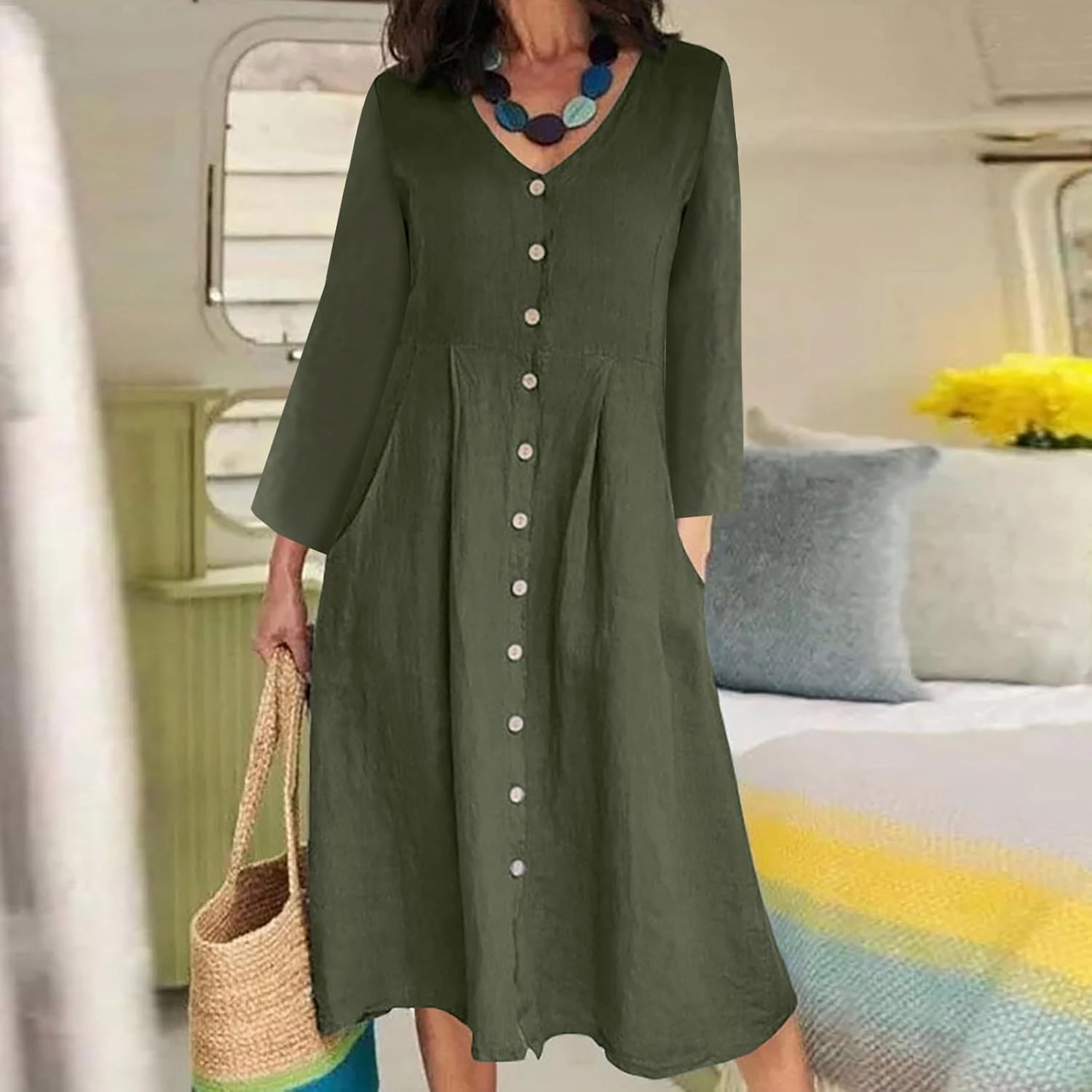 Women's Cotton Linen Dress Fall Button Down V-Neck Elegant Dress with Pocket Long Sleeve Outdoor Cardigan Maxi Dress