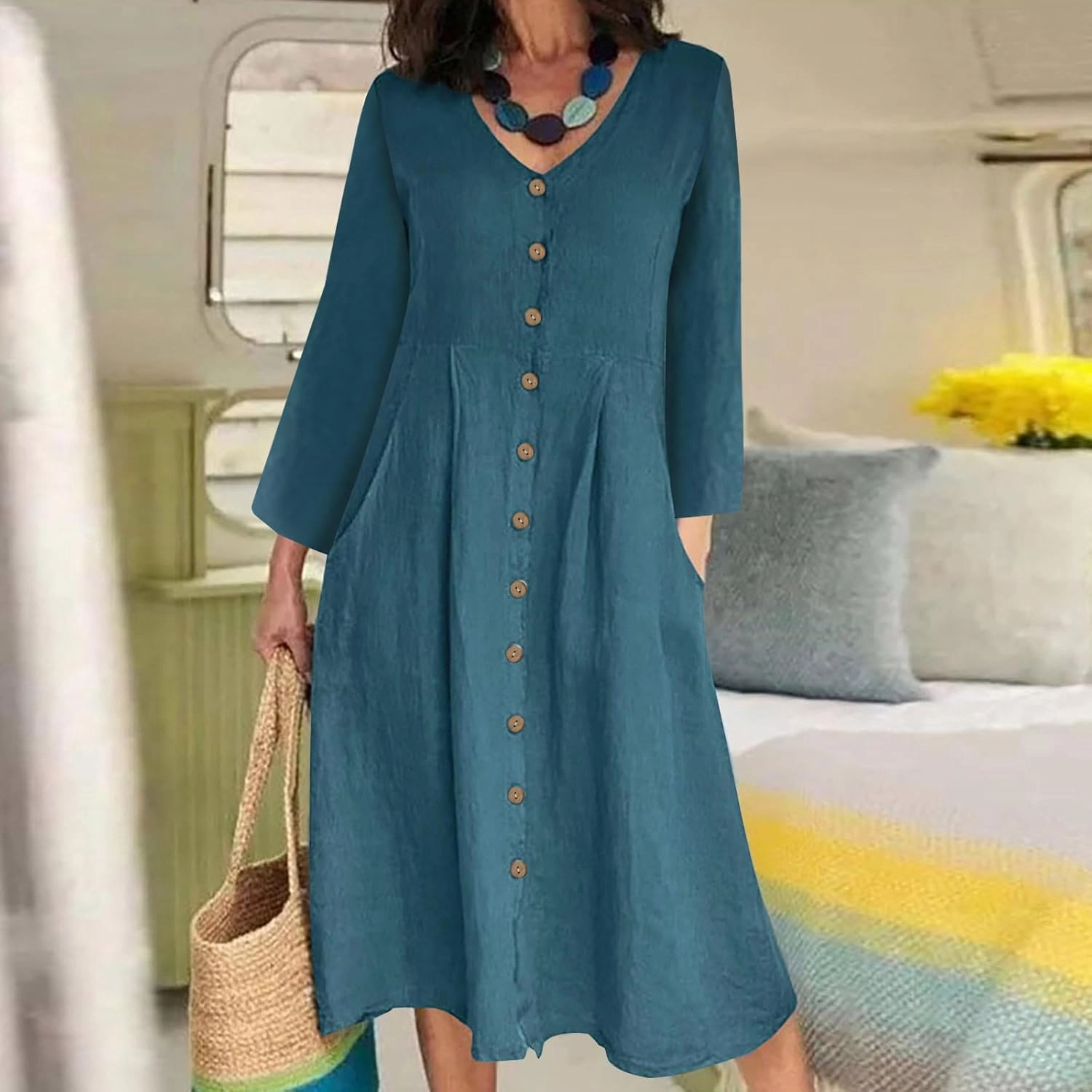 Women's Cotton Linen Dress Fall Button Down V-Neck Elegant Dress with Pocket Long Sleeve Outdoor Cardigan Maxi Dress
