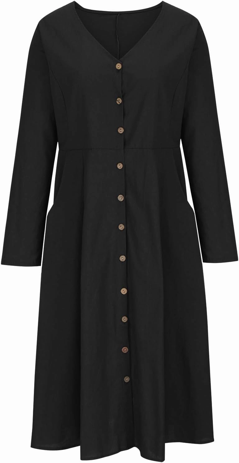 Women's Cotton Linen Dress Fall Button Down V-Neck Elegant Dress with Pocket Long Sleeve Outdoor Cardigan Maxi Dress
