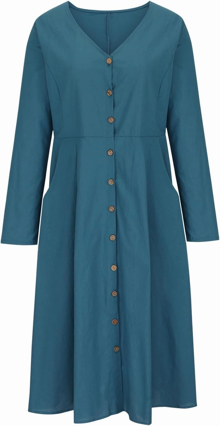 Women's Cotton Linen Dress Fall Button Down V-Neck Elegant Dress with Pocket Long Sleeve Outdoor Cardigan Maxi Dress