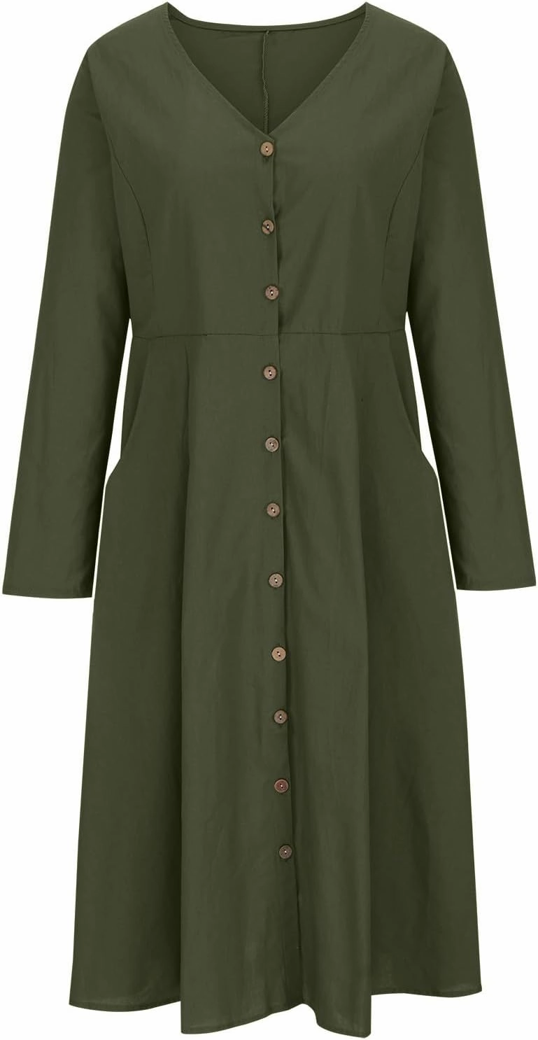 Women's Cotton Linen Dress Fall Button Down V-Neck Elegant Dress with Pocket Long Sleeve Outdoor Cardigan Maxi Dress