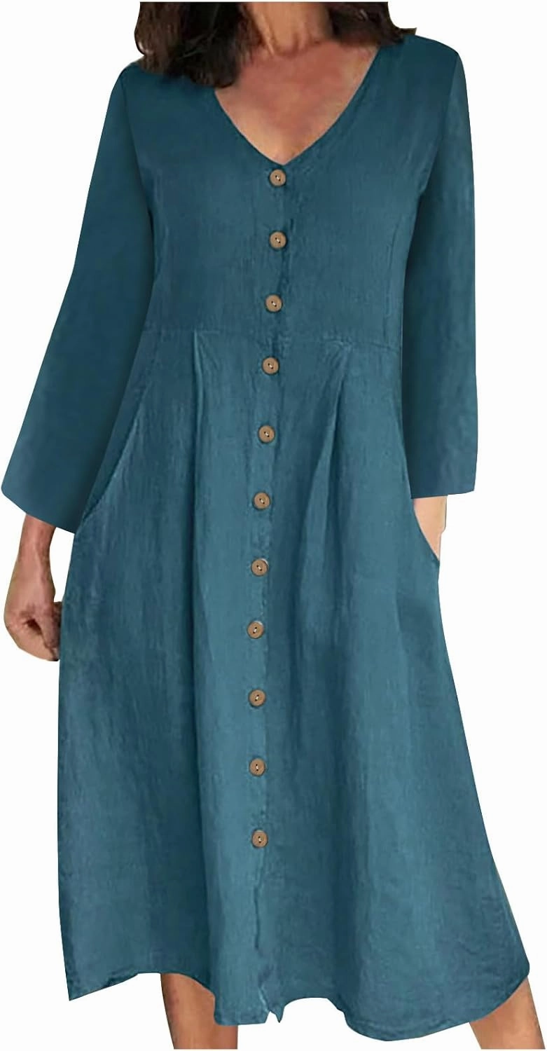 Women's Cotton Linen Dress Fall Button Down V-Neck Elegant Dress with Pocket Long Sleeve Outdoor Cardigan Maxi Dress