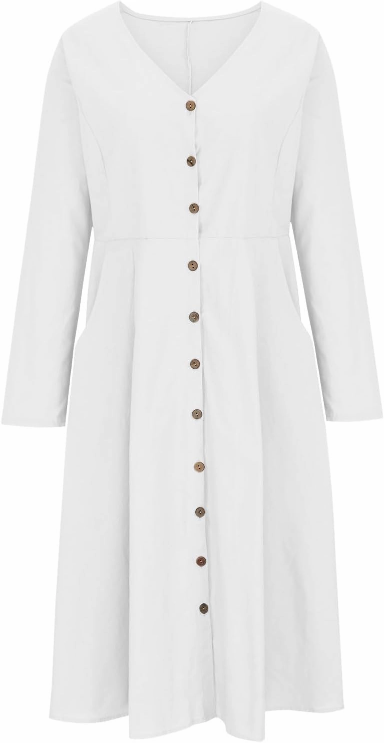 Women's Cotton Linen Dress Fall Button Down V-Neck Elegant Dress with Pocket Long Sleeve Outdoor Cardigan Maxi Dress