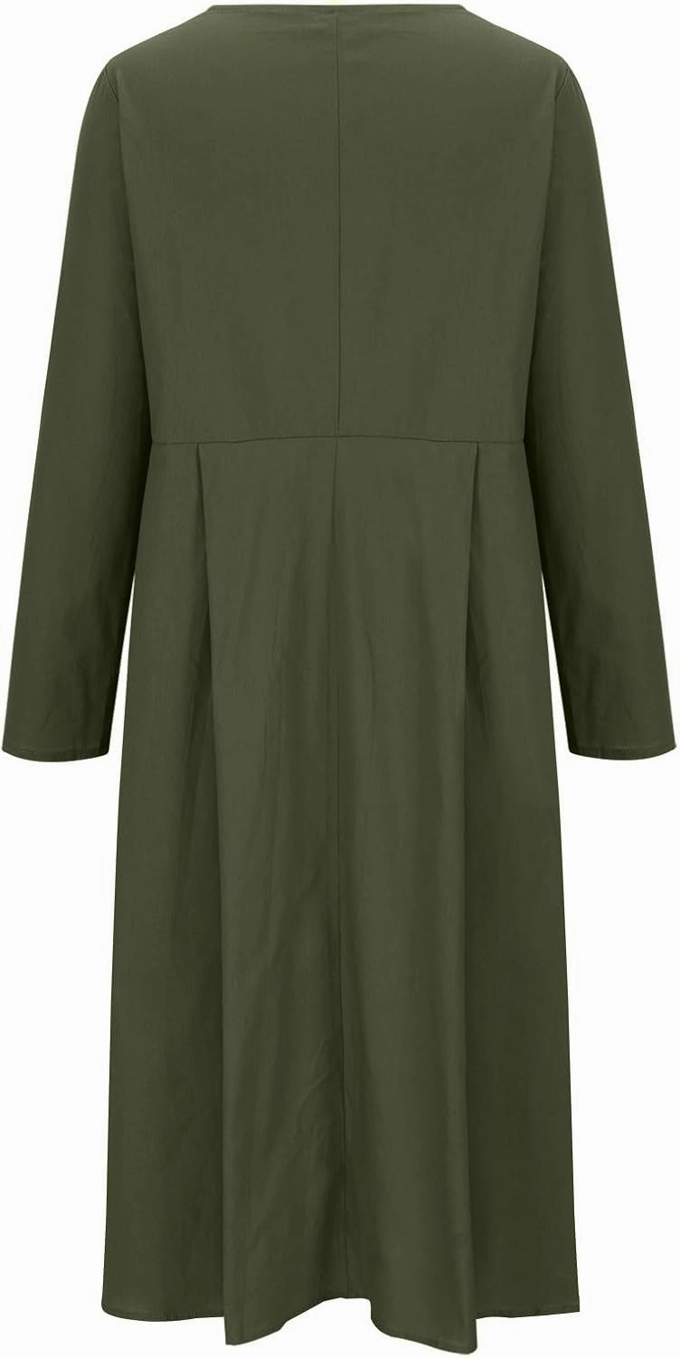 Women's Cotton Linen Dress Fall Button Down V-Neck Elegant Dress with Pocket Long Sleeve Outdoor Cardigan Maxi Dress