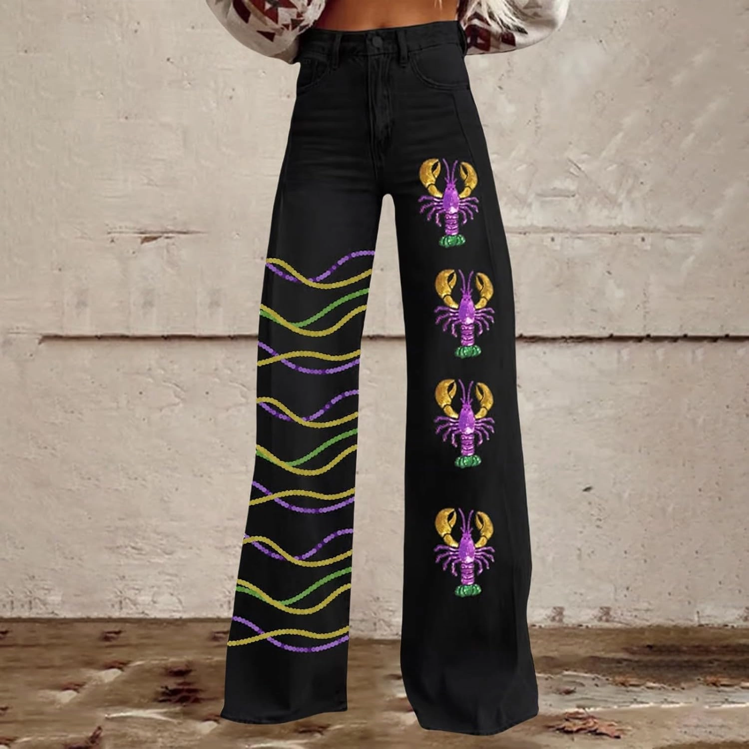 Women's Flare Jeans Wide Leg Baggy Pant Vintage Floral Printed High Waisted Straight Stretch Pants with Pockets