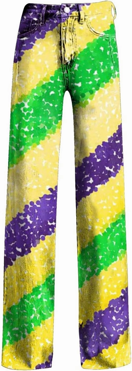 Women's Flare Jeans Wide Leg Baggy Pant Vintage Floral Printed High Waisted Straight Stretch Pants with Pockets