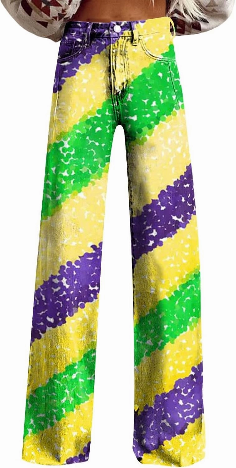 Women's Flare Jeans Wide Leg Baggy Pant Vintage Floral Printed High Waisted Straight Stretch Pants with Pockets