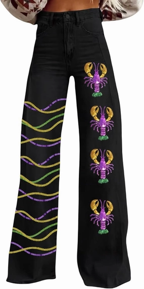 Women's Flare Jeans Wide Leg Baggy Pant Vintage Floral Printed High Waisted Straight Stretch Pants with Pockets