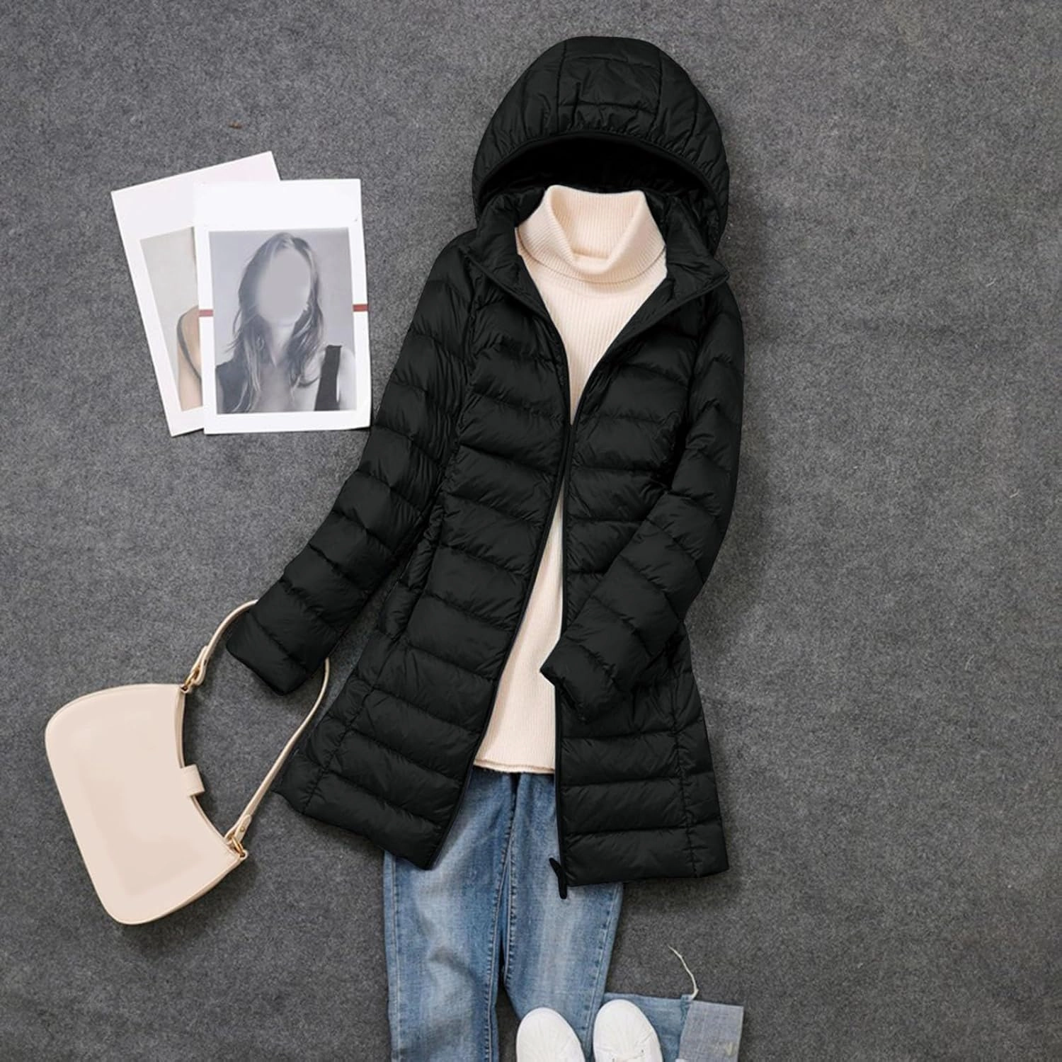 Women's Long Down Coat Packable Puffer Jacket Hooded Winter Ultra Light Quilted Winter Coat with Pocket Outerwear