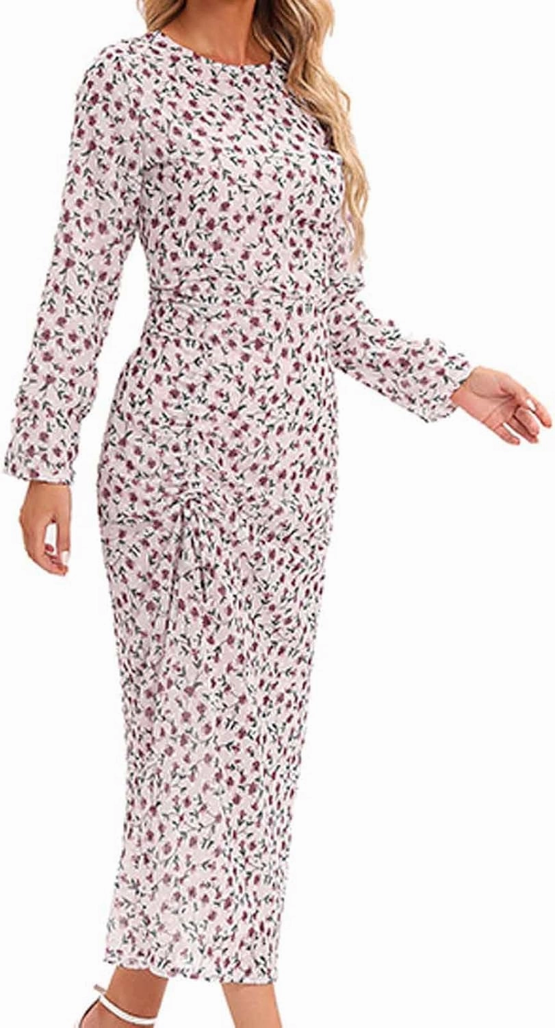 Women's Midi Dresses Casual 2024 Flower Print Pleated Long Sleeve Dress Outdoor Fall Wedding Guest Long Bodycon Dress