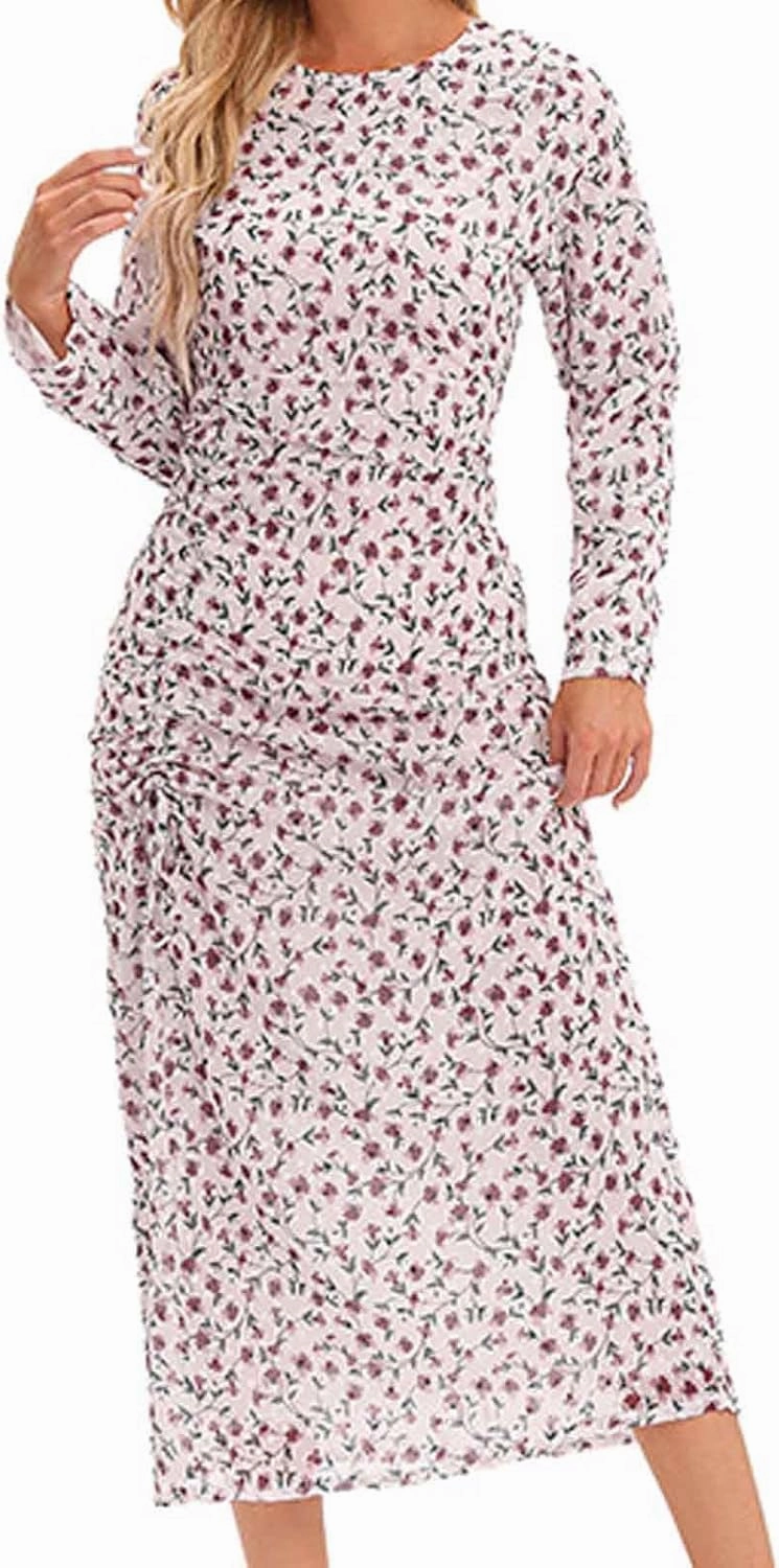 Women's Midi Dresses Casual 2024 Flower Print Pleated Long Sleeve Dress Outdoor Fall Wedding Guest Long Bodycon Dress