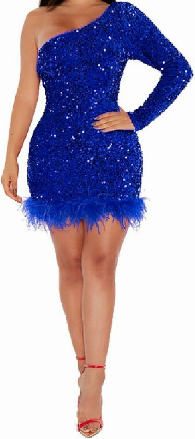 Women's One Shoulder Long Sleeve Sequin Feather Dresses Sexy Glitter Bodycon Mini Cocktail Party Club Dress
