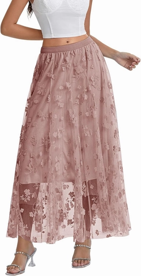 Women's Tulle Midi Skirt Elastic High Waist Layered Pleated Mesh Flowy A-Line Prom Party Long Tutu Skirts